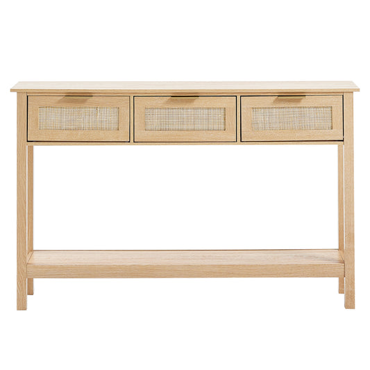 Rattan Sidetable – Wandtafel – Opbergtafel – Haltafel – Bijzettafel – Natuurlijk Rattan & Houten Blad – 3 Lades & Open Plank
