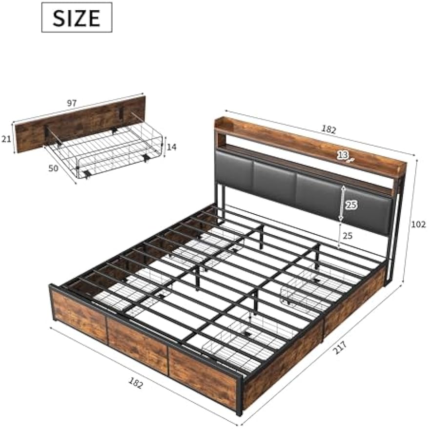 Tweepersoonsbed – Gestoffeerd Bed – Led Bed – Opberglade Bed – Zwart Bed – 180x200 cm – Ingebouwde LED-Verlichting – Vier Ruime Opberglades