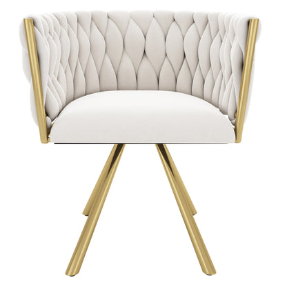 2pcs Beige & Golden Luxury Modern Swivel Dining Chair Set - White/Beige Velvet-Like Upholstery with Sturdy Metal Legs, Heavy-Duty 4-Legged Round Backrest Chairs for Living Room, Bedroom, Office (No Assembly Required)