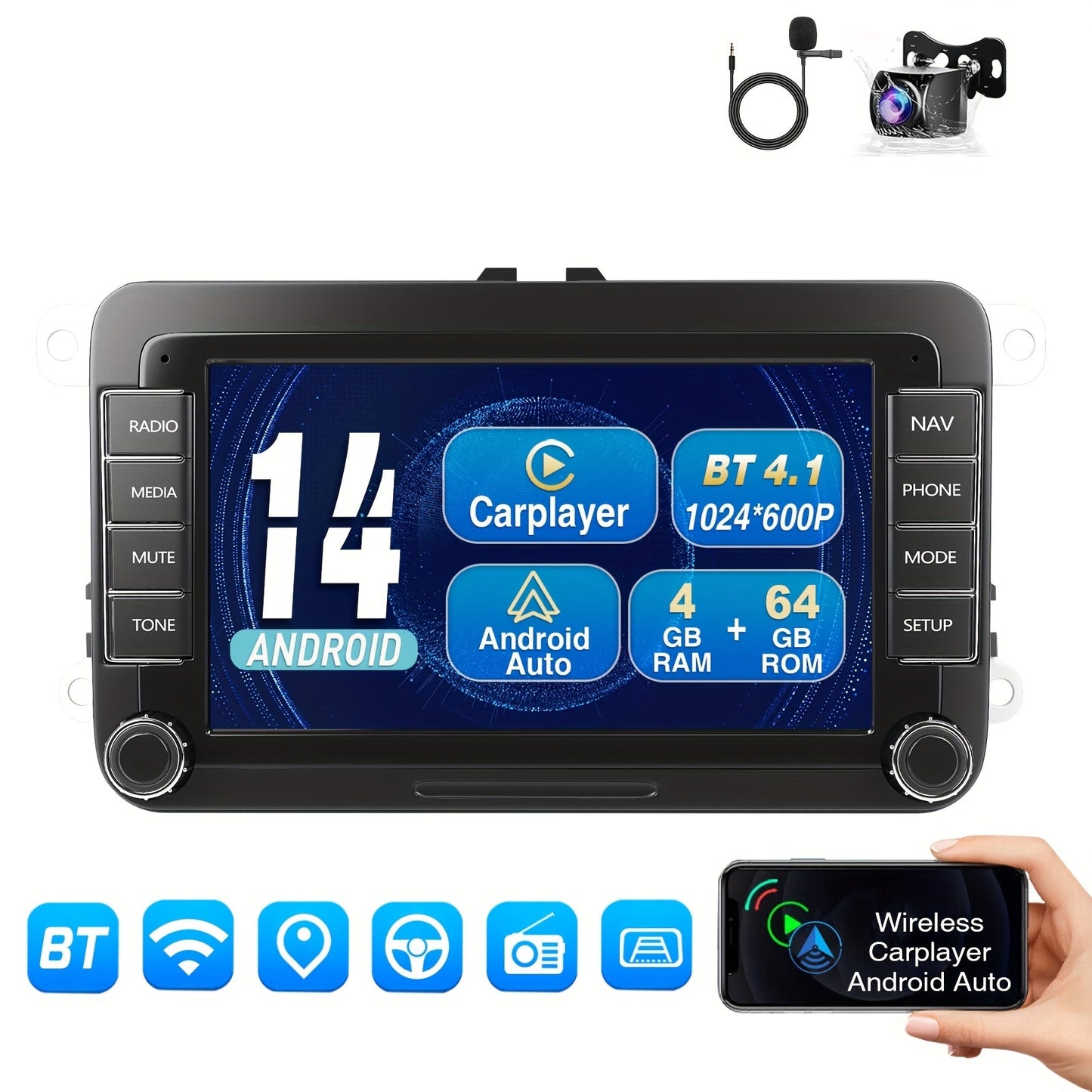 Multimedia Speler – Navigatiesysteem – Auto Radio – Android 14 Autostereo – Touchscreen – 7 Inch IPS Scherm – 4GB RAM + 64GB Opslag – Inclusief AHD Camera en Microfoon