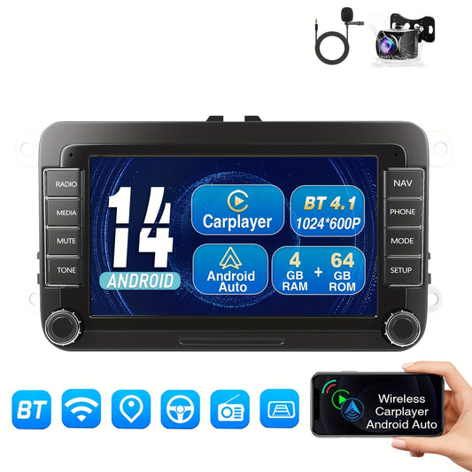 Multimedia Speler – Navigatiesysteem – Auto Radio – Android 14 Autostereo – Touchscreen – 7 Inch IPS Scherm – 4GB RAM + 64GB Opslag – Inclusief AHD Camera en Microfoon