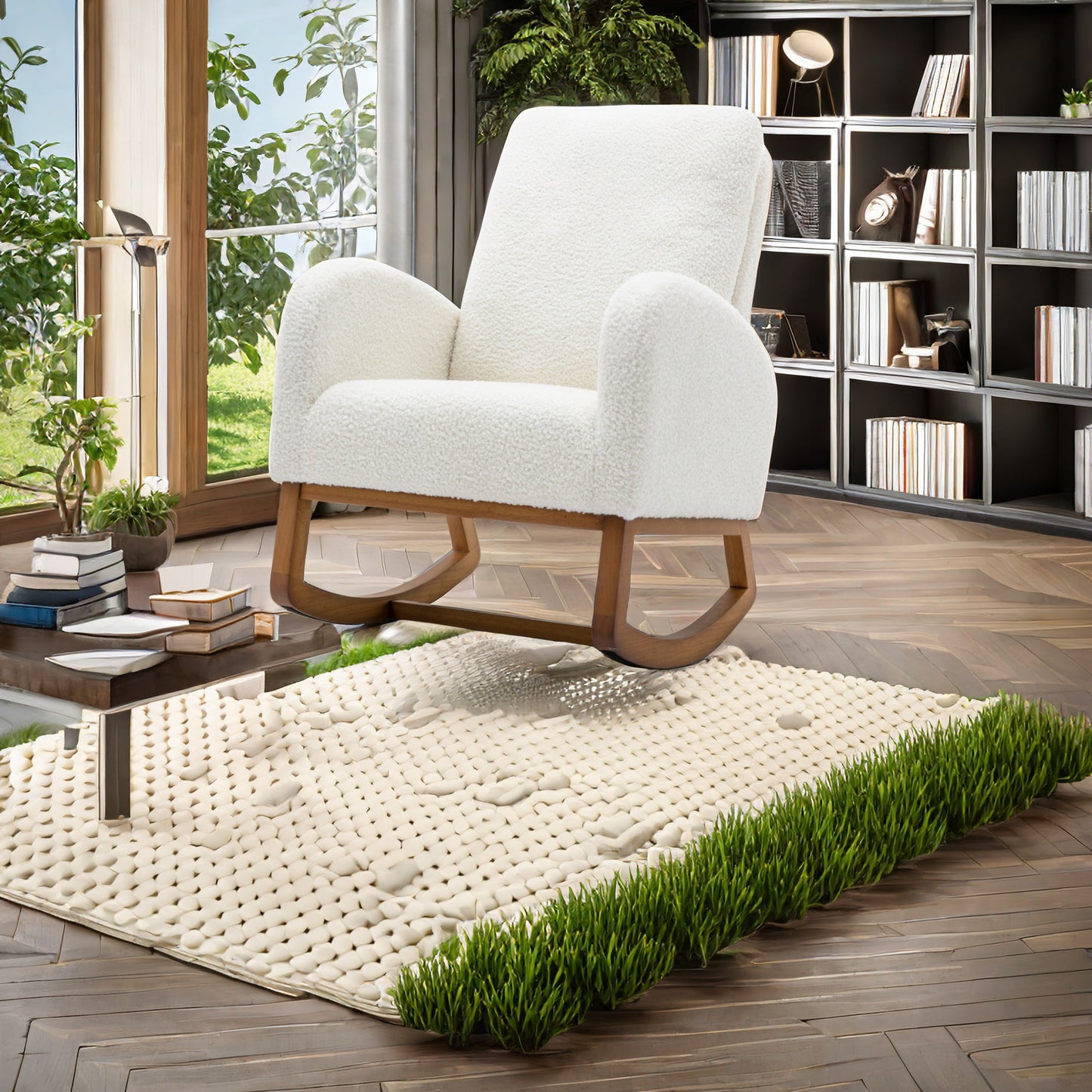 Schommelstoel – Relaxstoel – Fauteuil – Voedingsstoel – Loungestoel – Off-White Met Houten Armleuningen – Massief Beukenhout Frame – Ergonomisch Design – Zacht Traagschuim