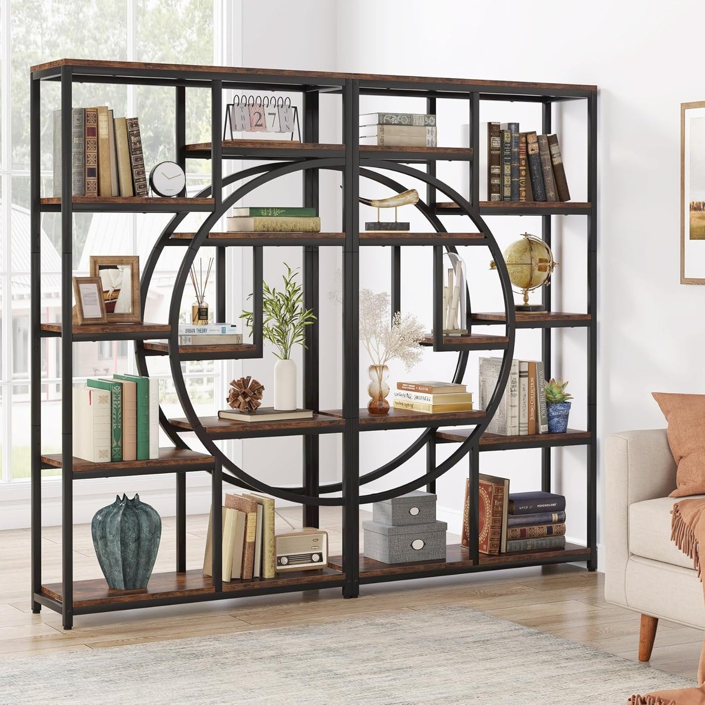 Boekenkast – Boekrek – Wandrek – Opbergkast – Vakkenkast – 9 Open Vakken – Robuust MDF Met Metaal – Industrieel Design – Rustic Brown & Zwart