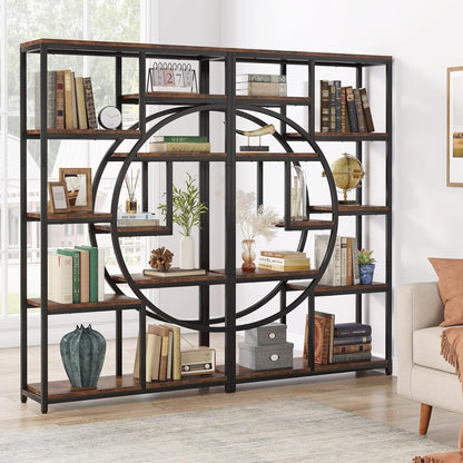 Boekenkast – Boekrek – Wandrek – Opbergkast – Vakkenkast – 9 Open Vakken – Robuust MDF Met Metaal – Industrieel Design – Rustic Brown & Zwart