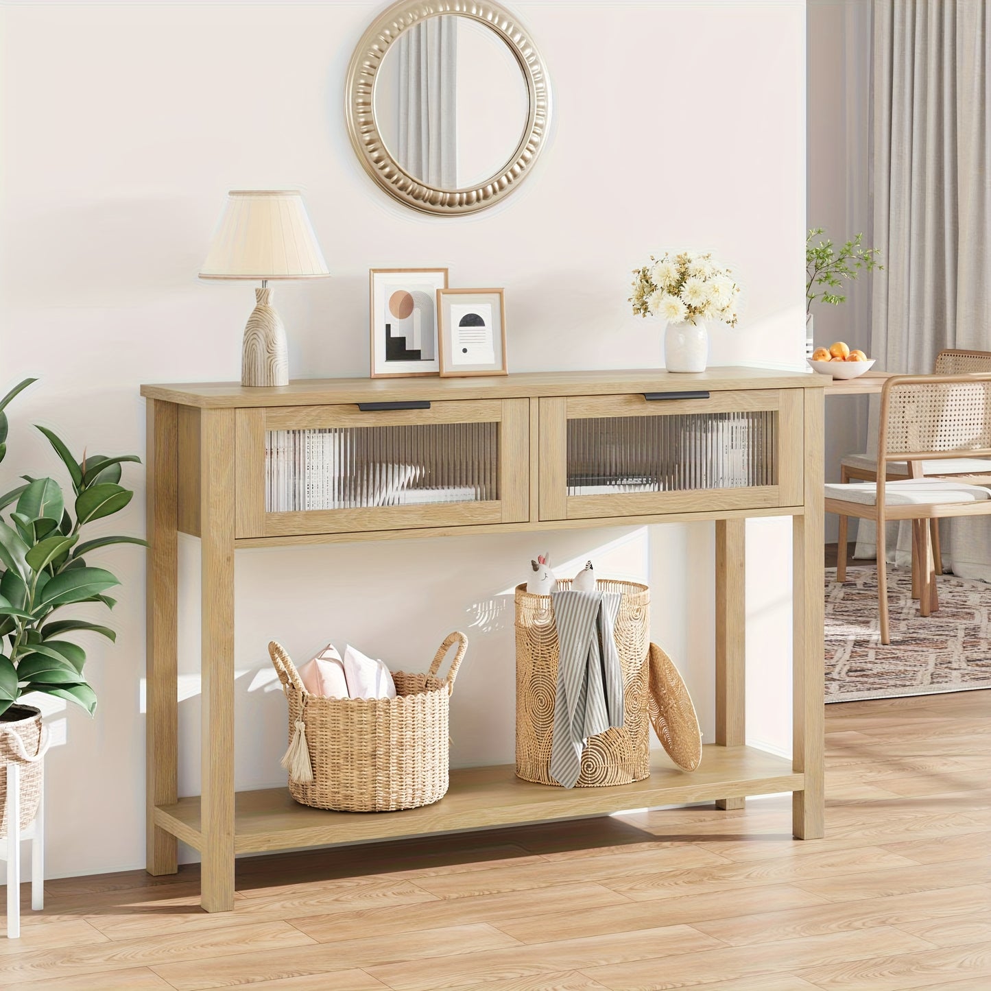 109.22cm Modern Narrow Console Table with Glass Doors & 2-Tier Storage - Space-Saving Hardwood MDF Construction, Wood Finish Entryway Sofa Table with Lower Shelf & Upper Display Area for Living Room, Hallway, Bedroom - Easy A