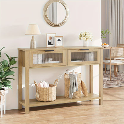 109.22cm Modern Narrow Console Table with Glass Doors & 2-Tier Storage - Space-Saving Hardwood MDF Construction, Wood Finish Entryway Sofa Table with Lower Shelf & Upper Display Area for Living Room, Hallway, Bedroom - Easy A