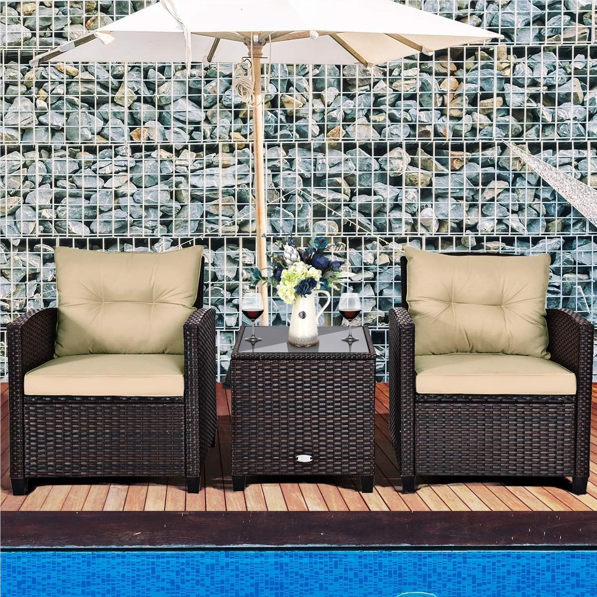 Tuinset – Rattan Tuinmeubelen – Polyrattan Zitgroep – Bistroset – Loungeset – 3-delig – Weerbestendig Stalen Frame – Inclusief Zitkussens en Glazen Tafelblad