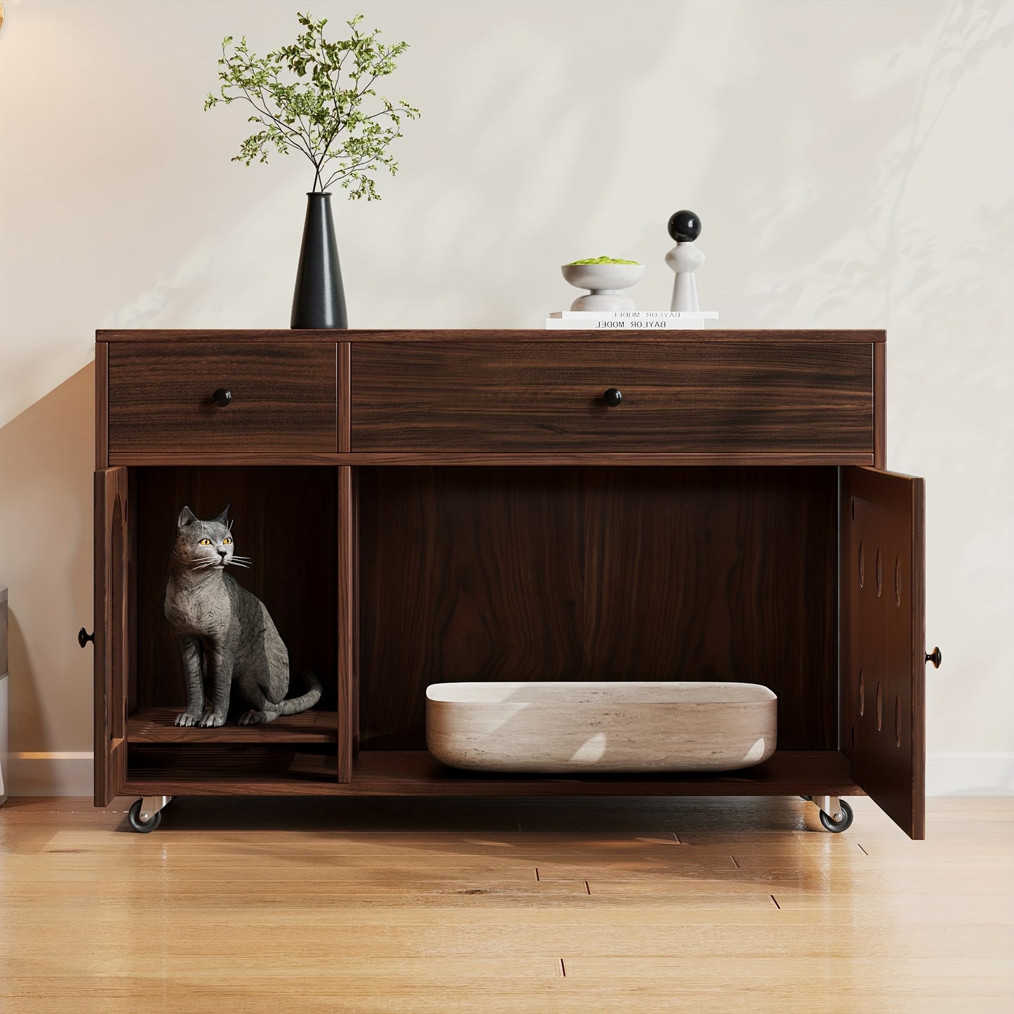 Rustieke Wicker Bijzettafel – Sidetable – Opbergtafel – Kattenhuis – Dressoir – Compact Ontwerp – Uitneembare Kattenbaklade – Duurzaam Rattan – Kaki Variant