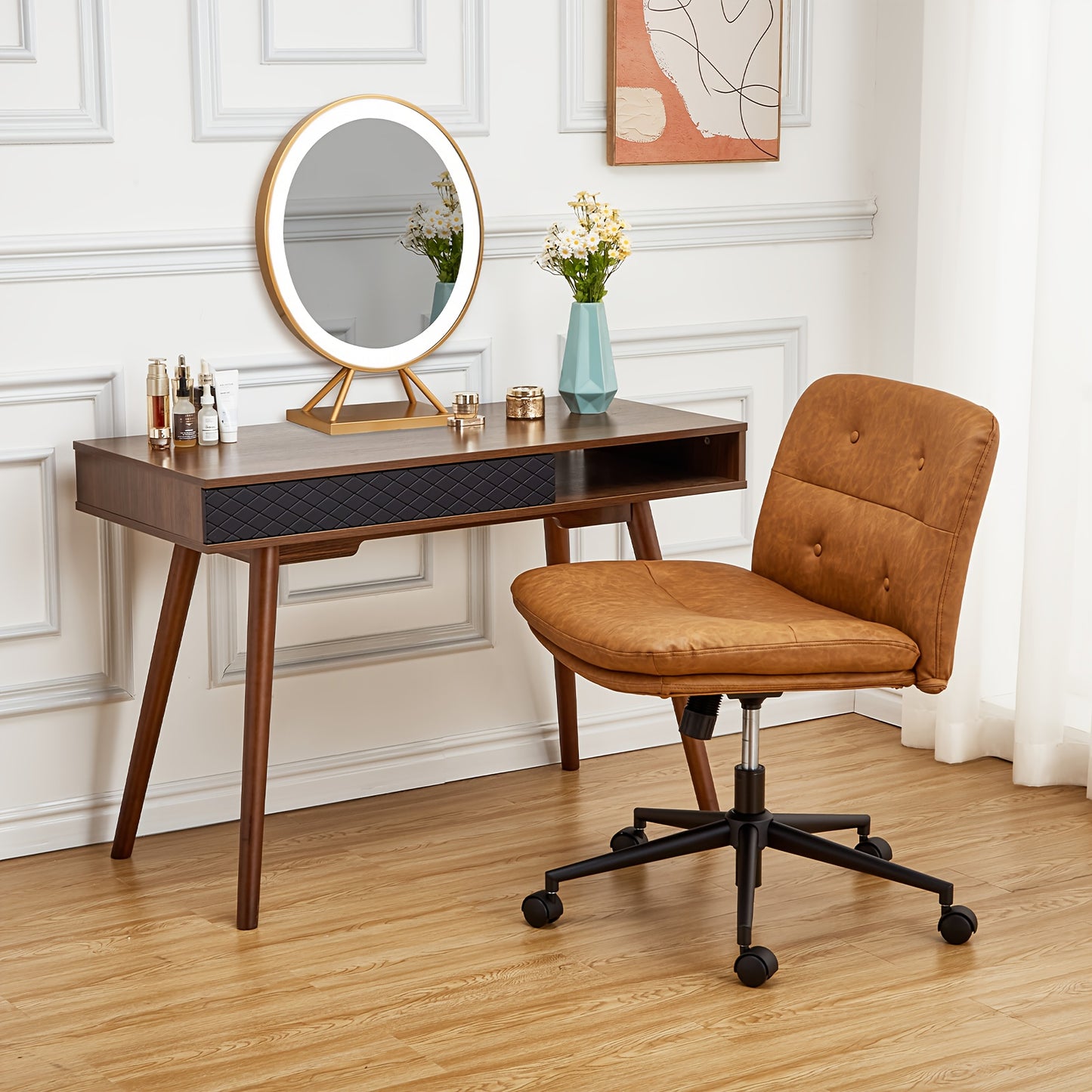 Bureaustoel – Office Chair – Make-up Stoel – Sleek Chair – Werkstoel – Ergonomisch Ontwerp – 360° Draaibaar Met Verstelbare Zithoogte – Bruin Kunstleer & Stevig Metaal
