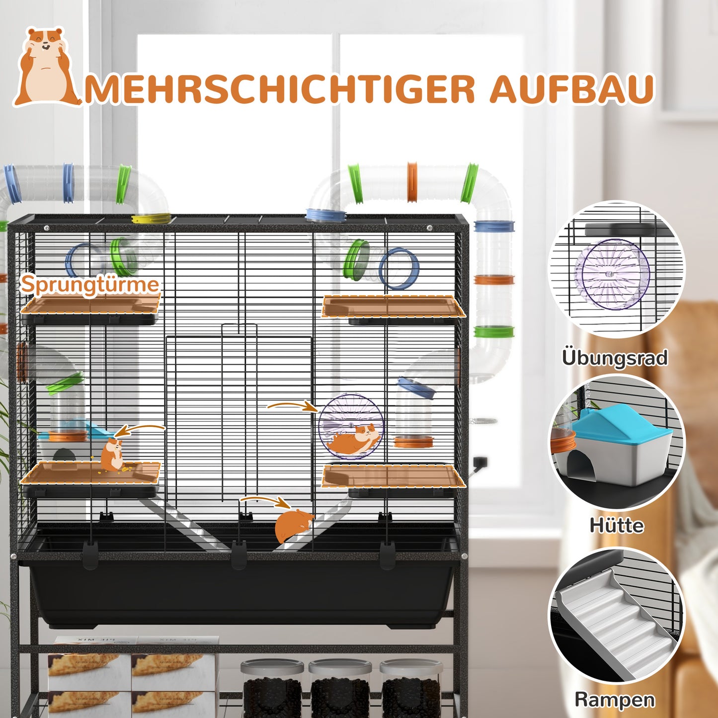 Hamsterkooi – Knaagdierkooi – Gerbilkooi – Knaagdierverblijf – Hamsterkooi Met Buizen – Ruime Leefruimte 109x82x46 cm – Inclusief Looprad & Drinkfles
