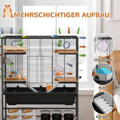 Hamsterkooi – Knaagdierkooi – Gerbilkooi – Knaagdierverblijf – Hamsterkooi Met Buizen – Ruime Leefruimte 109x82x46 cm – Inclusief Looprad & Drinkfles