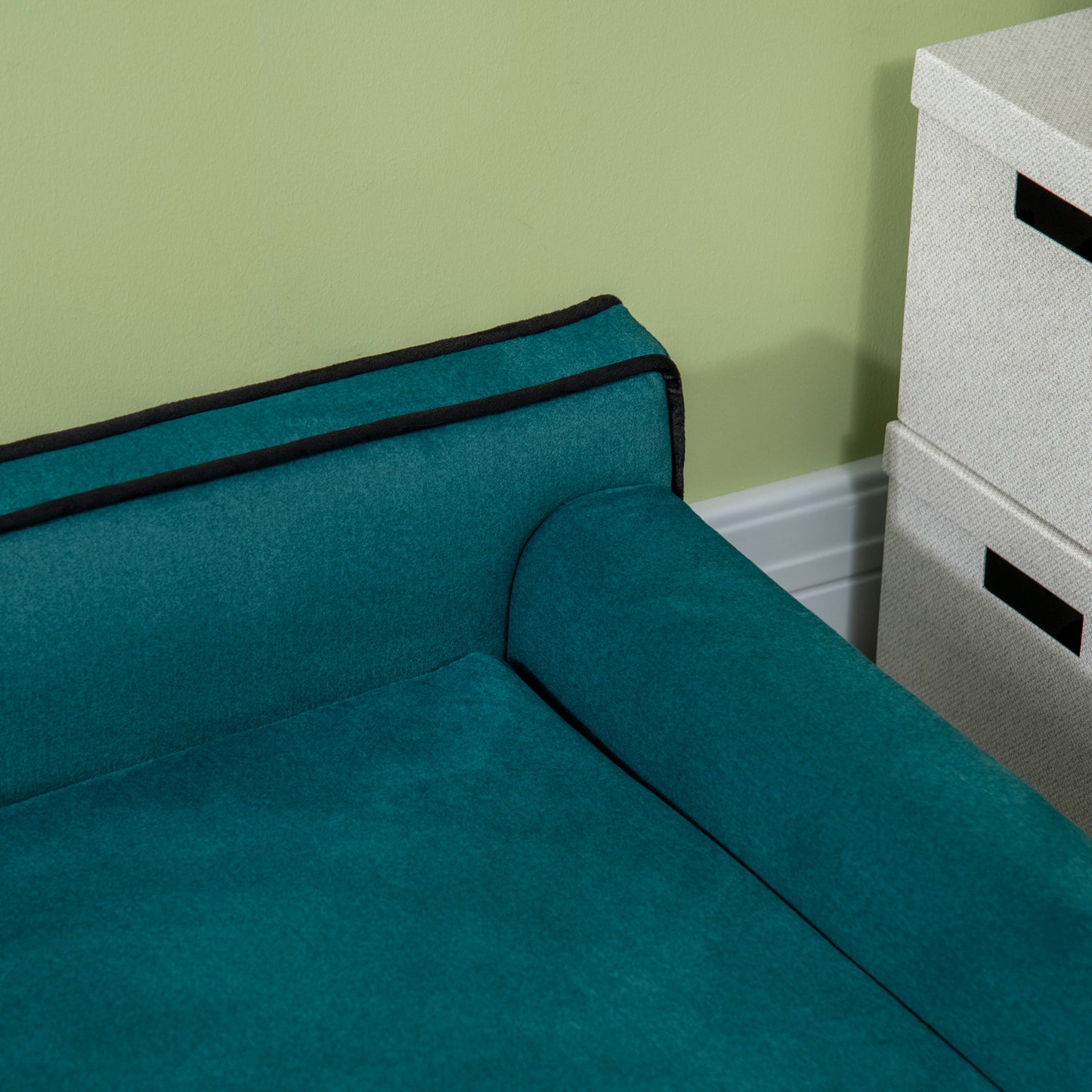 Dierenbank – Huisdieren Sofa – Kattenbank – Hondenbed – Dieren Sofa – Scandinavisch Design – Zacht Kussen – Afneembare Wasbare Hoes – Houten Frame – 100x62x32 cm – Eendblauw