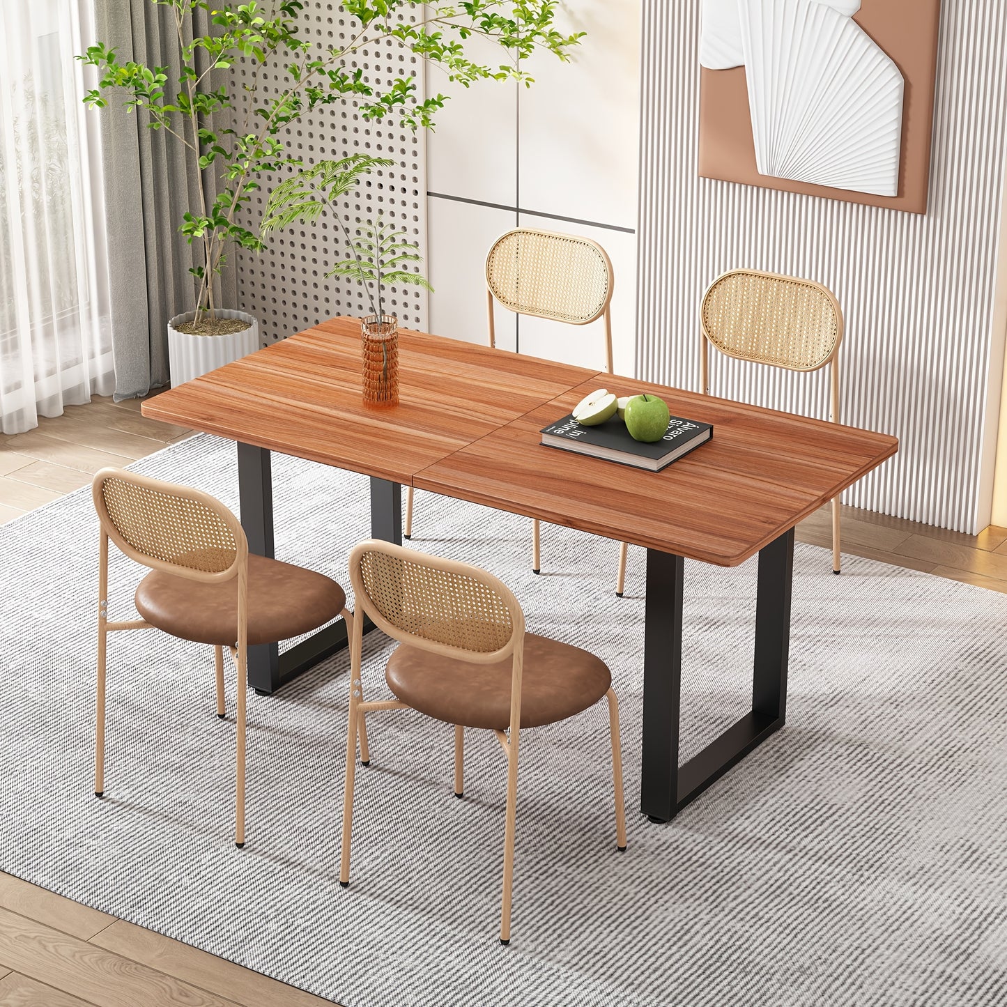 Set of 4 Modern Minimalist Brown Dining Chairs with Black Metal Legs & Wipe-Clean Cushioned Seats - Sturdy Metal Frame, Rattan Backrest & Armless Design for Kitchen, Living Room, Bedroom - Easy-Clean Surface, Hard Floor Compa