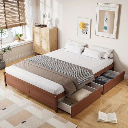 Bedframe – Vintage Bed – Slaapbank – Opbergbed – Lattenbodem – 140x200 cm – Stevig Dennenhout – Roodbruine Afwerking