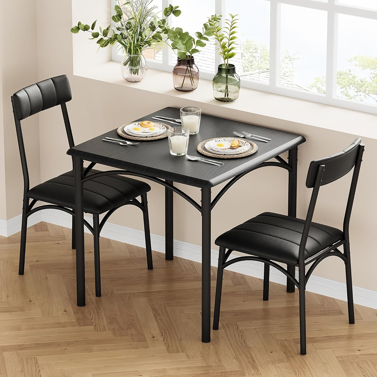 Eettafelset – Eettafel Met Stoelen – Dining Set – Keukentafel – Bistro Set – Zwarte MDF Tafel – Comfortabele Gestoffeerde Stoelen – Compact Ruimtebesparend Design