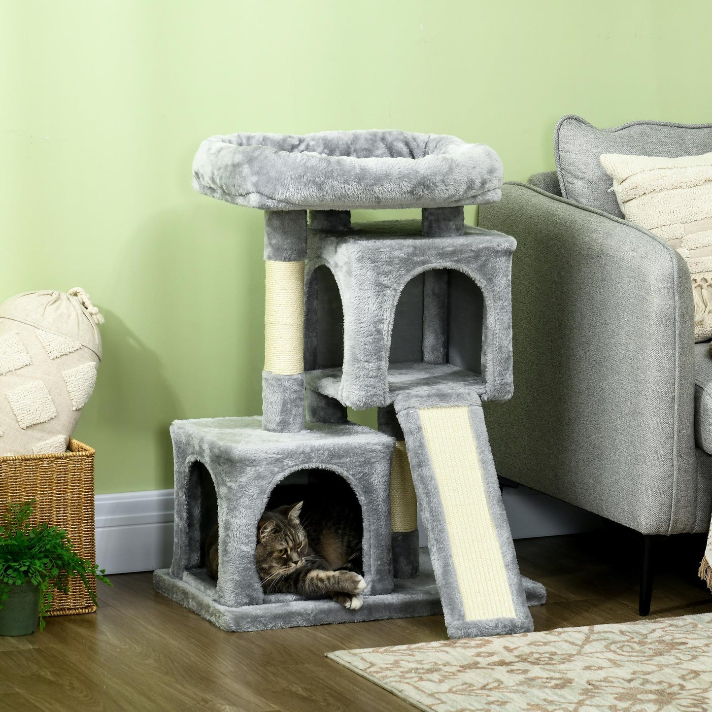 Kattenklimton – Kattenboom – Krabpaal – Klimmeubel – Kattenhuis – Lichtgrijs – Sisal Krabpalen – Stevige Constructie Tot 30 kg