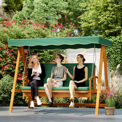 Hollywood swing with sunroof, real wood garden swing, swing bench with reclining function, for 3 people, dark green,  Stylish Seating, Classic Design, Weatherresistant Material, Durable Metal Frame, Threeseater Swing, Sun Can