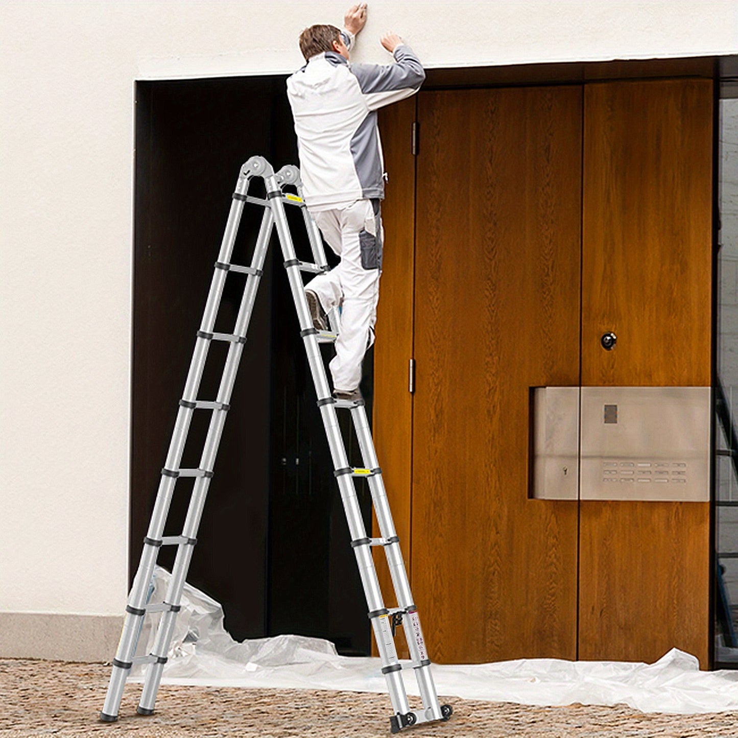 Uitschuifbare Aluminium Ladder – Inklapbare Ladder – Telescopische Ladder – Opvouwbare Ladder – Werkplaatsladder – 5 Meter Lengte – Balansstang en Wieltjes – 150 kg Belastbaar