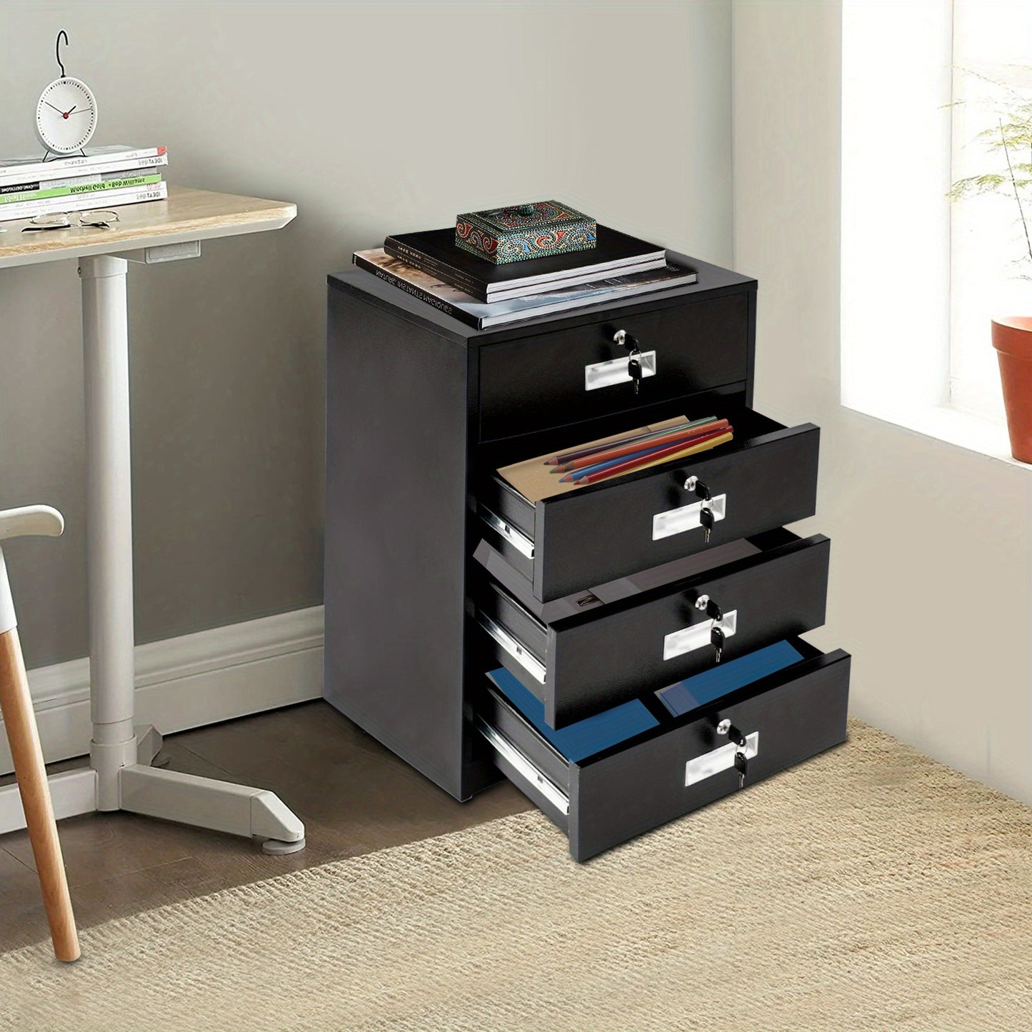 Metalen Opbergkast – Ladekast – Archiefkast – Documentenkast – Lockerkast – Stevig Koudgewalst Staal – 4 Lockable Laden met Sloten – Ruimtebesparend Verticaal Design – Zwart