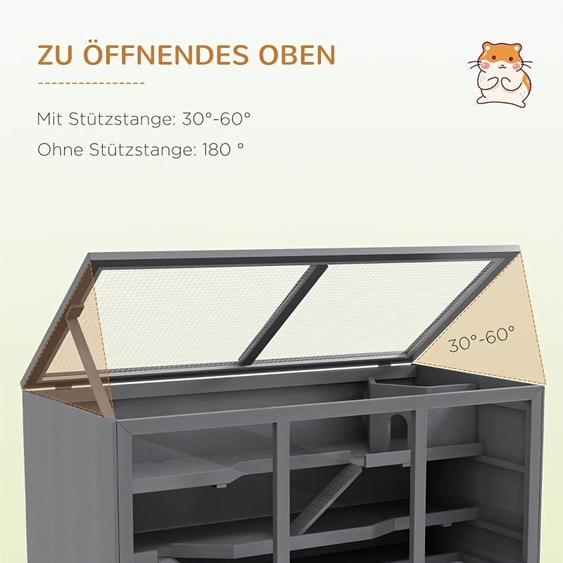 Kleedkooi – Dierenkooi – Knaagdierkooi – Hamsterkooi – Muizenkooi – 3 Verdiepingen Met Trapjes – Ventilatie En Uitneembare Bodem – Stevig Kunststof – Compact Grijs