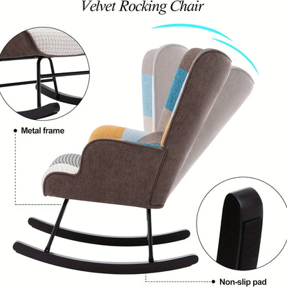 Schommelstoel – Schommelstoel Met Vleugelrug – Relaxstoel – Fauteuil – Schommelzetel – Patchwork Design – Velvet Bekleding – Beukenhouten Frame – Hoogwaardig Schuim – Antislip Poten – Spot-Clean Onderhoud