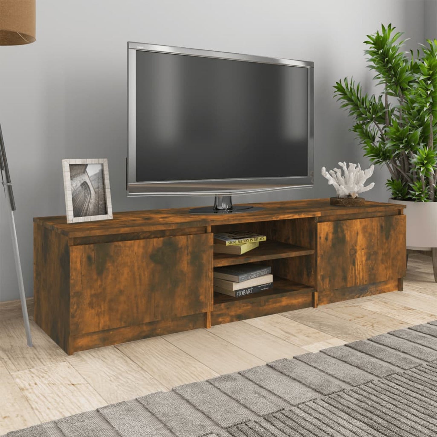 TV Cabinet Smoked Oak 140x40x35.5cm Engineered Wood TV Stand Entertainment Center with Storage, Media Television Table for Living Room Bedroom