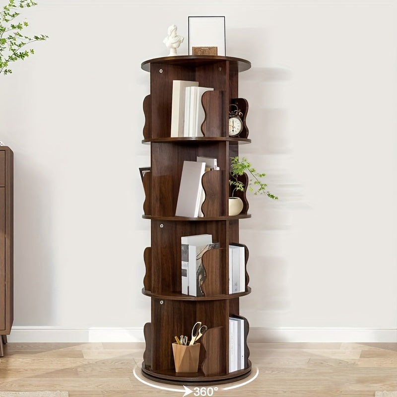 360° Draaibare Boekenplank – Draaibare Boekenkast – Rotatie Boekenrek – Verticale Boekenplank – Houten Boekenrek – 5 Lagen – Compact Ruimtebesparend Design – Massief Hout Retro Bruin