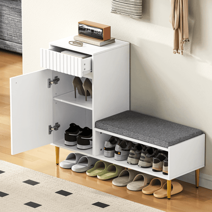 Modern Shoe Cabinet with Bench, 1 Door, 1 Drawer, 1 Open Storage Compartment, Padded, White, Dimensions: 100 × 35 × 82.2cm (Width × Height × Depth), Entryway Storage, Modern Furniture, Sleek Design, Padded Surface, Multif