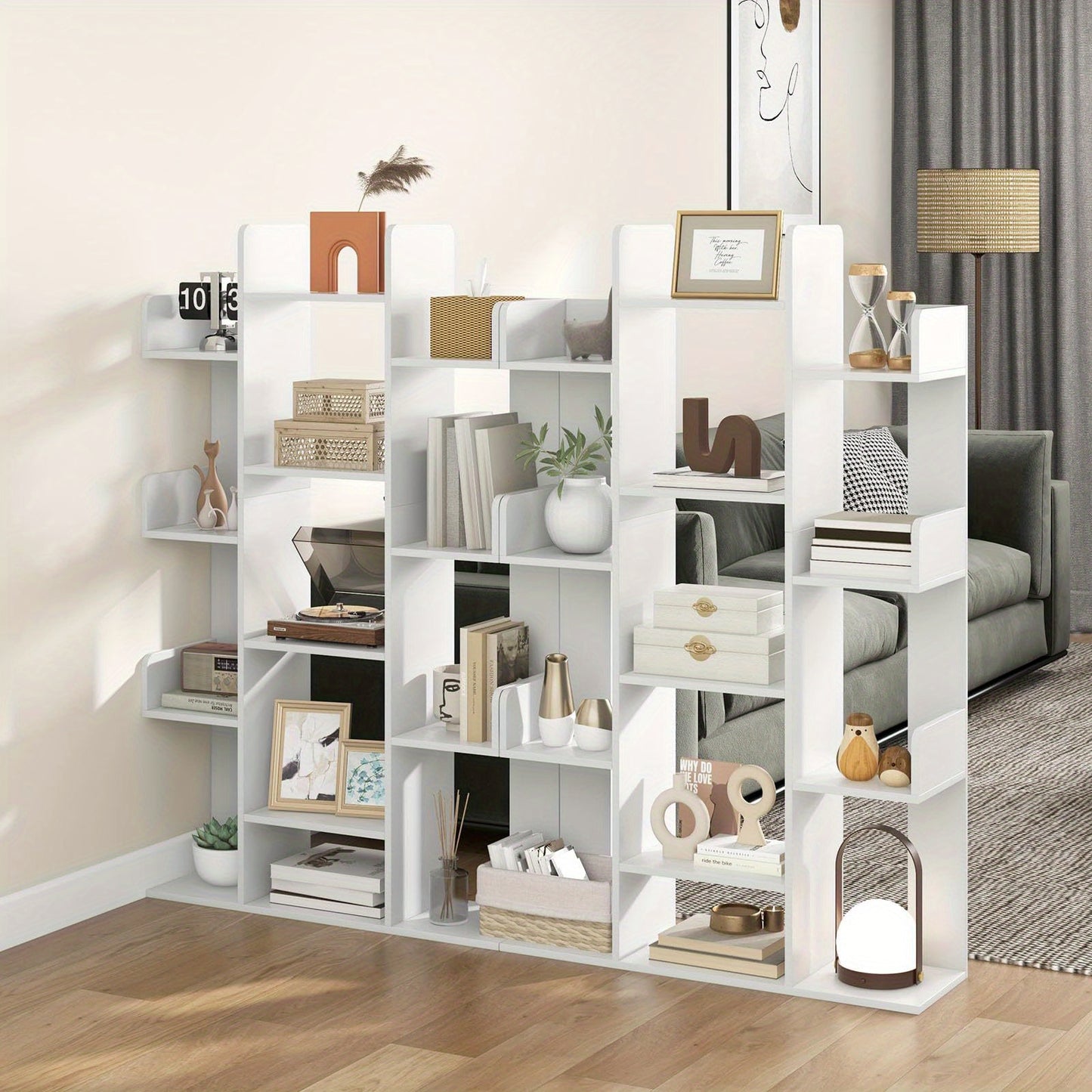 Boekenplank – Boekenkast – Wandplank – Boekenrek – Wandrek – Boomvormig Design – 13 Open Vakken – Wit Hout – Inclusief Anti-Kantel Beugels – 86x24x141 cm