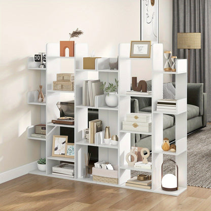 Boekenplank – Boekenkast – Wandplank – Boekenrek – Wandrek – Boomvormig Design – 13 Open Vakken – Wit Hout – Inclusief Anti-Kantel Beugels – 86x24x141 cm