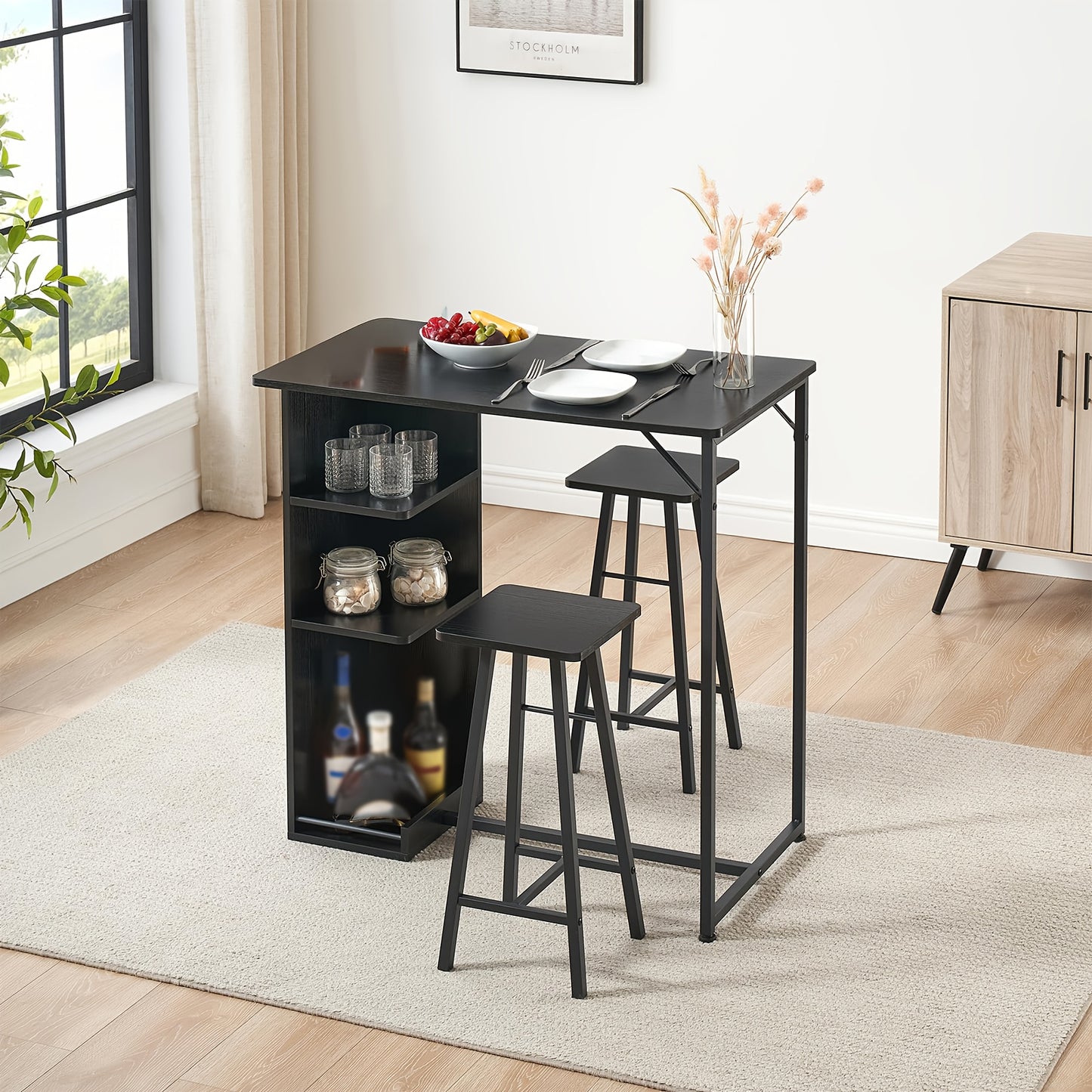 3pcs Compact Modern Farmhouse Bar Table and Chairs Set with 3-Tier Storage Shelves - Space-Saving Wood Construction, Black Finish for  Apartments, Living Room, Kitchen, Dining Room - Sturdy A-Frame Design & Comfortable Seatin