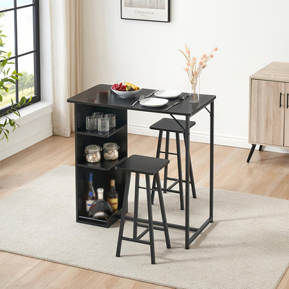 3pcs Compact Modern Farmhouse Bar Table and Chairs Set with 3-Tier Storage Shelves - Space-Saving Wood Construction, Black Finish for  Apartments, Living Room, Kitchen, Dining Room - Sturdy A-Frame Design & Comfortable Seatin