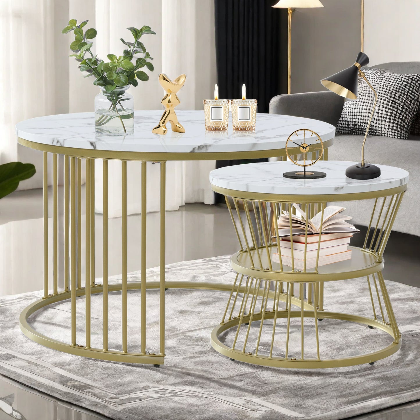 Bijzettafel – Koffietafel – Salontafel – Zijtafel – Banktafel – Ronde Set – Marmerpatroon – Stapelbaar Design – MDF Tafelblad – Metalen Onderstel
