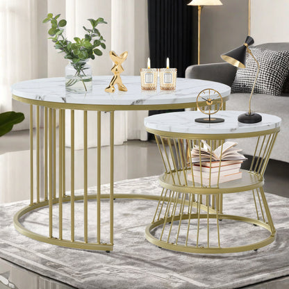 Bijzettafel – Koffietafel – Salontafel – Zijtafel – Banktafel – Ronde Set – Marmerpatroon – Stapelbaar Design – MDF Tafelblad – Metalen Onderstel