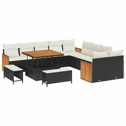 Tuinbank – Buitenbank – Loungeset – Outdoor Sofa – Tuinmeubel – Modulair Ontwerp – UV-Bestendig Poly Rattan & Acaciahout – Zwart met Crème Kussens – 5-Zits
