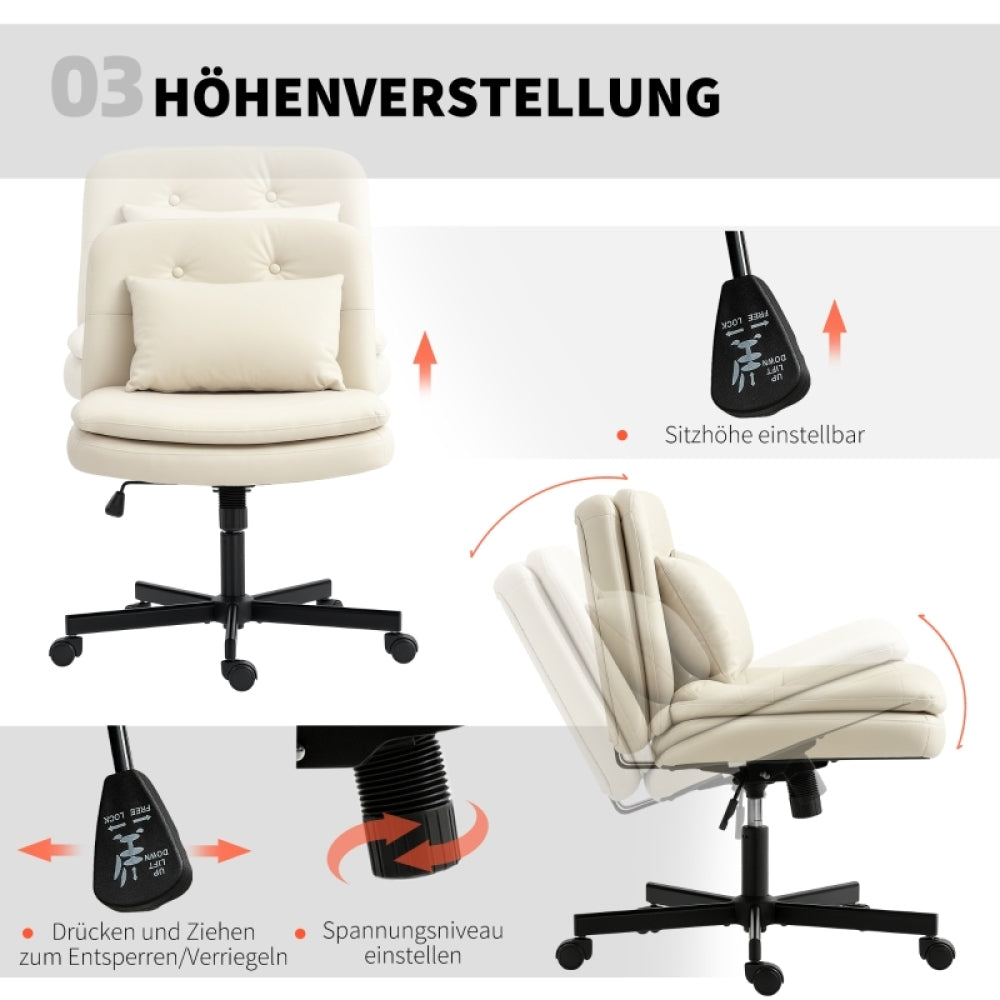 Bureaustoel – Kantoorstoel – Office Chair – Draaistoel – Bureaustoelen – Verstelbaar in Hoogte – Kunstleren Bekleding – Ergonomische Lendensteun – Zonder Armleuningen – Beige – Met Wieltjes – Met Extra Kussen – Met Voetensteun – Stabiel Metalen Onderstel