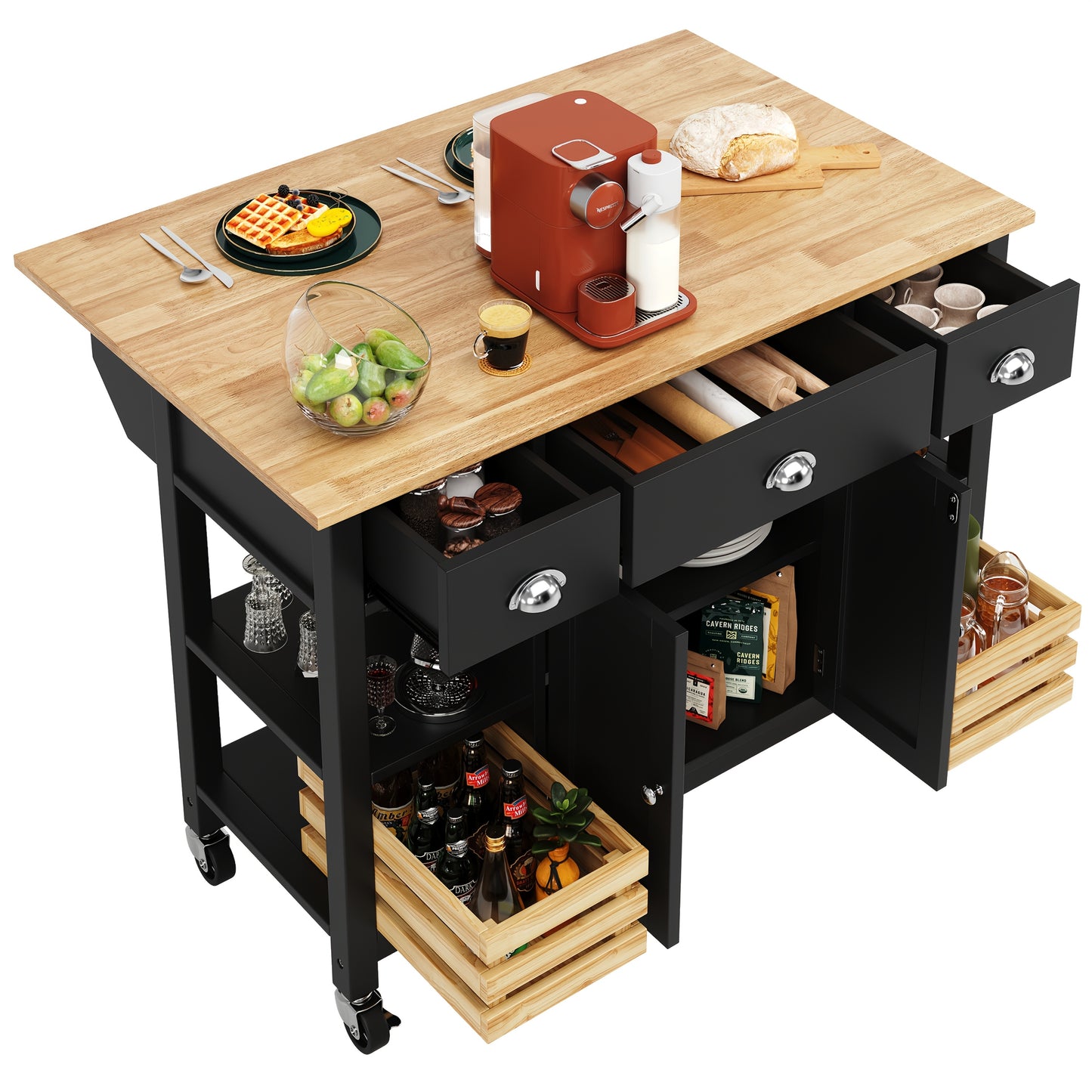 Keukenmeubel – Dressoir – Keukeneiland – Eetkamerkast – Serveerwagen – Zwart – Multifunctioneel Met Opbergbasket – Duurzaam Metaal 120x45x90 cm