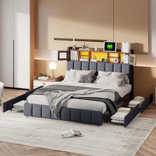Tweepersoonsbed – Stalen Bedframe – Linnen Bed – Opbergbed – Led Bed – 140x200 cm – USB Aansluiting – 4 Ladevakken