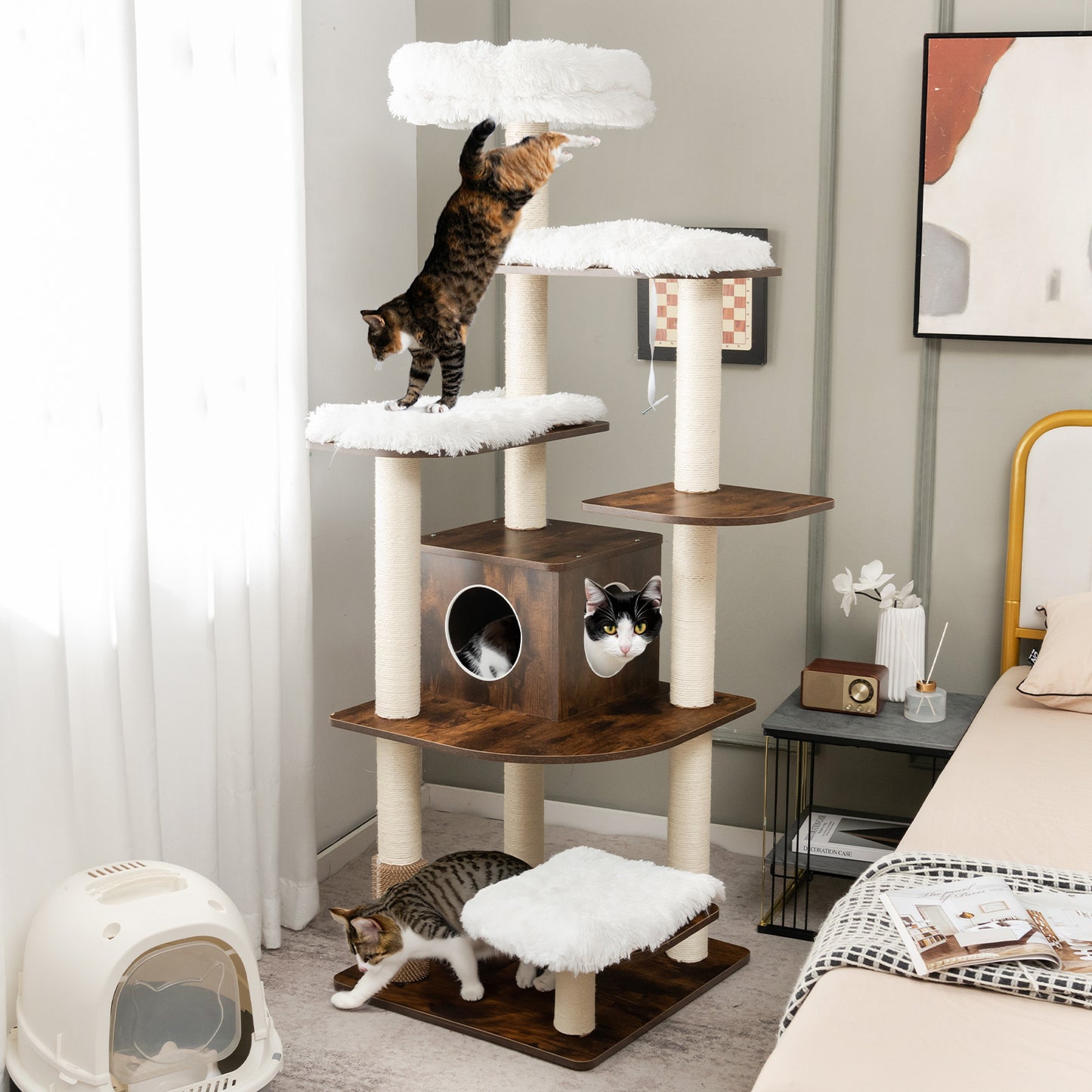 Krabpaal – Kattenboom – Krabmeubel – Klimmeubel – Kattenhuis – 175 cm Hoog – 6 Niveaus Met Kattenhol En Wasbare Matten