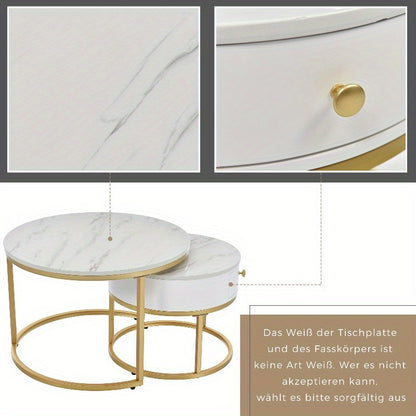 Salontafel – Bijzettafel – Koffietafel – Nestingtafel – Uittrekbare Tafel – Modern Design – Hoogglans Marmerlook – Verstelbare Hoogte – Zwart Metaal – Gouden Accenten