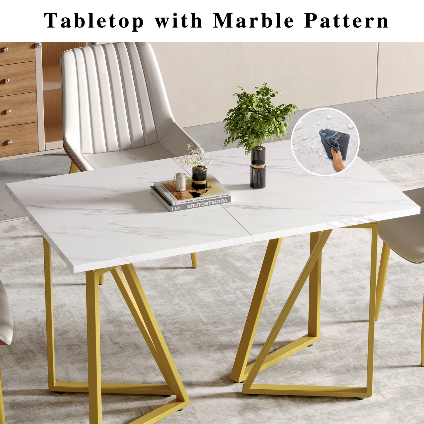 Eettafel – Dinertafel – Keukentafel – Uitschuifbare Tafel – Marmerlook Tafel – Wit Met Gouden Accenten – Verstelbare Poten – Uitschuifbaar Design