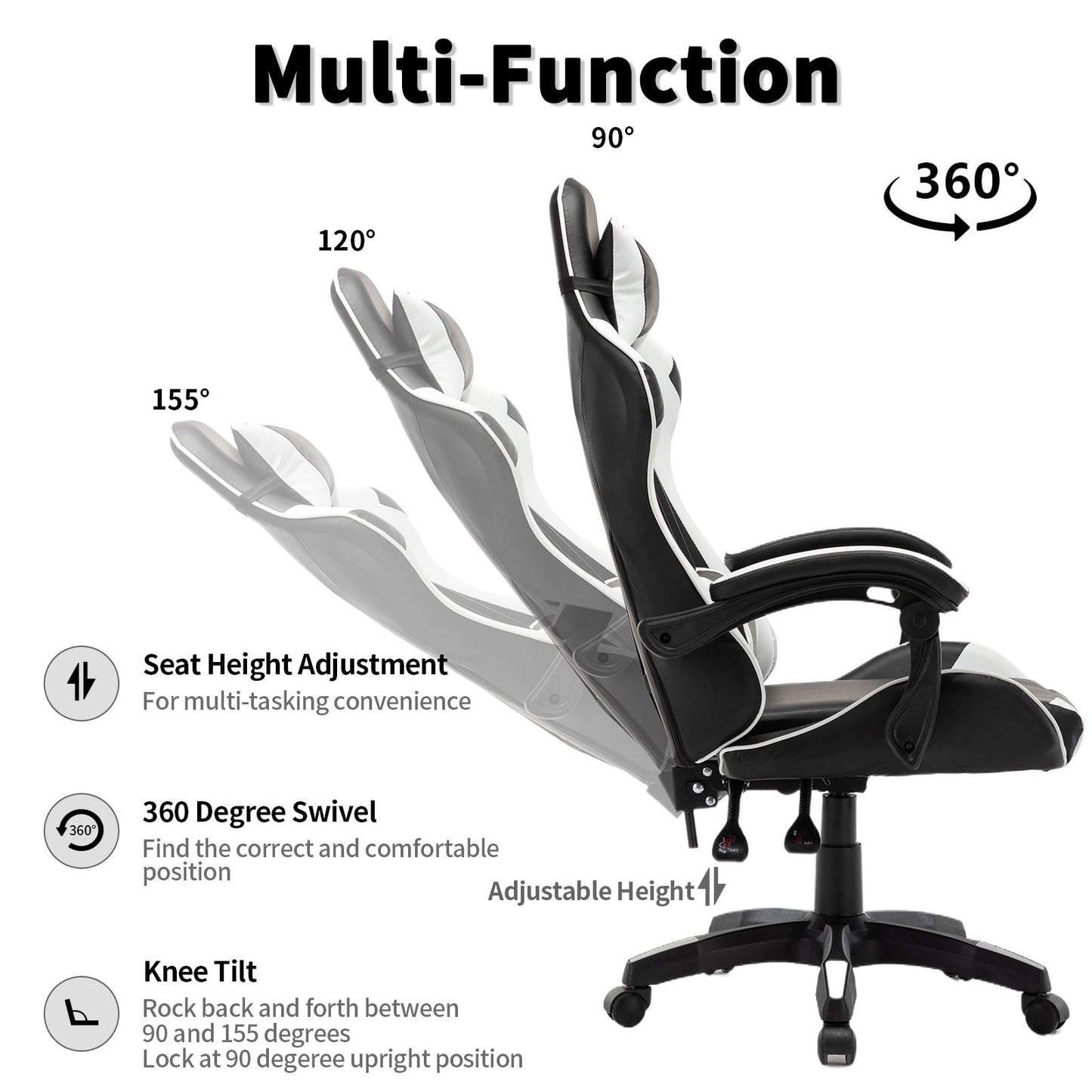 Gamingstoel – Gamestoel – Gaming Chair – Bureaustoel – Game Stoel – Ergonomisch Design – Kunstleer Bekleding – Verstelbare Rugleuning – 360° Draaibaar – Wit