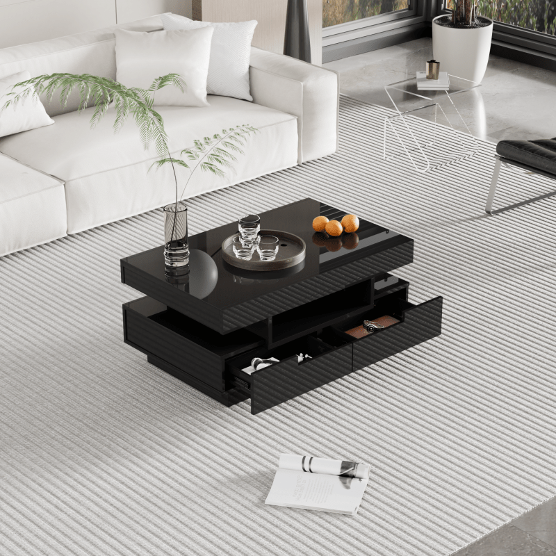 Salontafel – Koffietafel – Bijzettafel – Nachtkastje – Woonkamertafel – Hoogglans Zwart – Vier Lades & Opbergruimte – Ingebouwde Blauwe LED Sfeerlicht