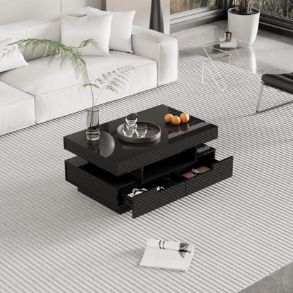 Salontafel – Koffietafel – Bijzettafel – Nachtkastje – Woonkamertafel – Hoogglans Zwart – Vier Lades & Opbergruimte – Ingebouwde Blauwe LED Sfeerlicht