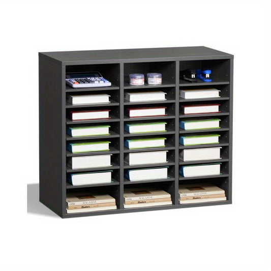 Houten Organizer – Boekhouder – Tijdschrifthouder – Documentenrek – Opbergmeubel – 24 Verstelbare Planken – Grijs Fiberboard – Compact & Duurzaam