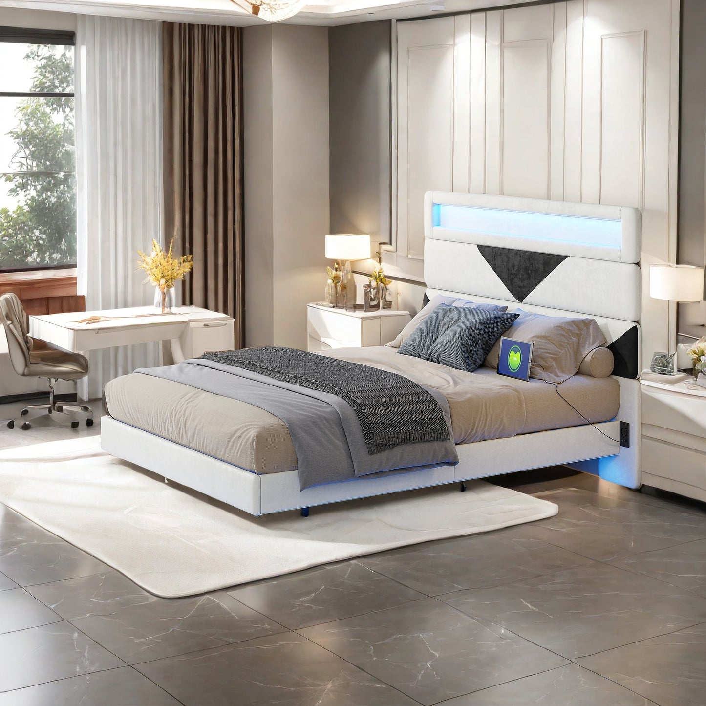 Bedframe – Tweepersoonsbed – Gestoffeerd Bed – Slaapbank – Opbergbed – 160x200 cm – Fluwelen Hoofdbord – LED Verlichting met USB & Type-C Poorten