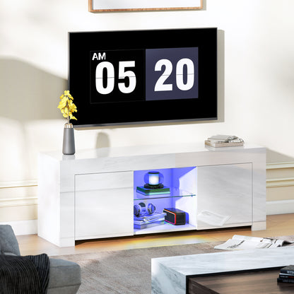 Tv-meubel – TV-kast – Media-meubel – Dressoir – Lowboard – Wit Spaanplaat – LED-verlichting – Glazen Plank – 2 Deuren – Kabeldoorvoer