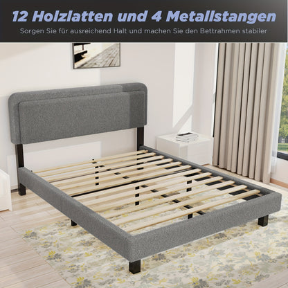 Bedframe – Tweepersoonsbed – Platformbed – Ledikant – Slaapbank – Gestoffeerd Hoofdbord – 160x200 cm – Stevige Houten Lattenbodem
