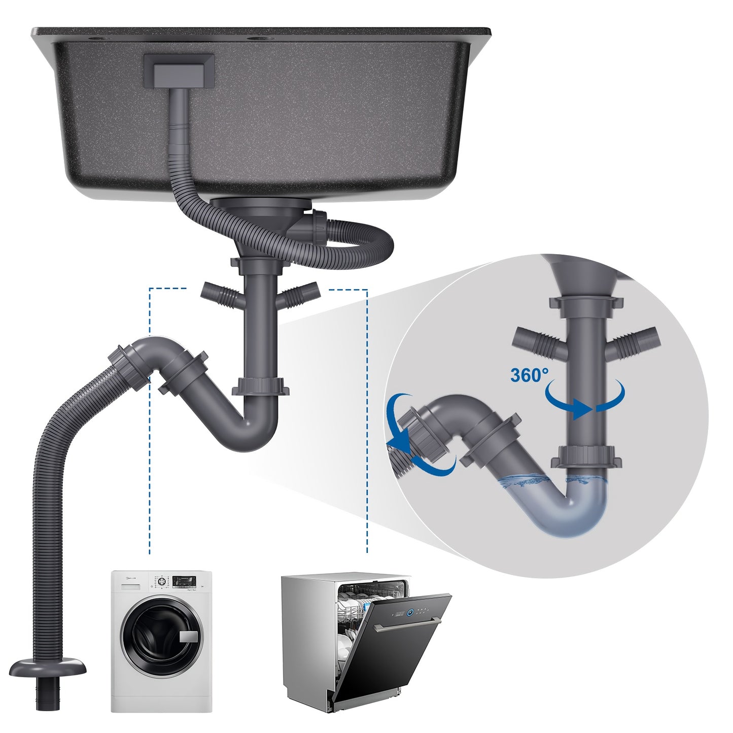 Keukenbak Kwartssteen – Gootsteen – Spoelbak – Keukenspoelbak – Enkele Kom – Zwart – 55x45 cm – Krasvast & Hittebestendig – Overloop & Afvoersysteem