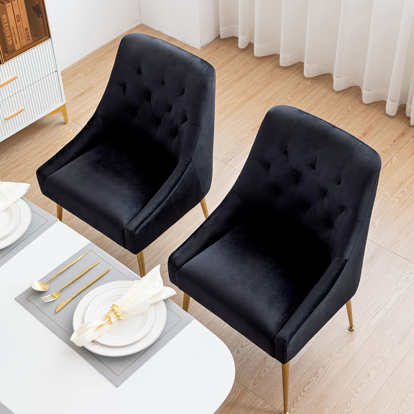 Eetkamerstoelen – Dining Stoelen – Velours Stoelen – Zwarte Stoelen – Set Van 2 – Comfortabele Zitting – Stevig Metalen Frame